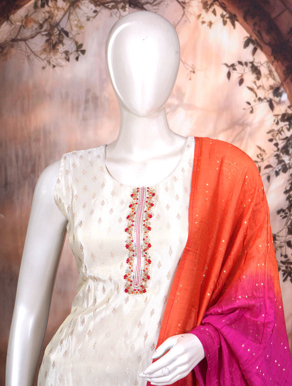 Off-White with Orange and Magenta Pink Ready Made Kurti Set