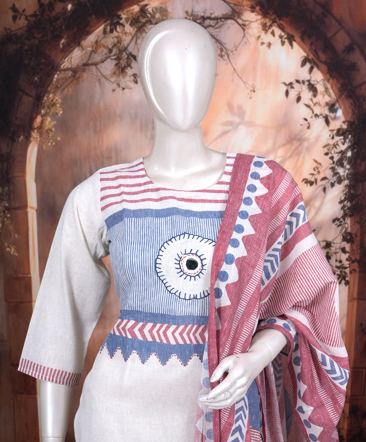Off-White with Red and Blue Ready Made Kurti Set