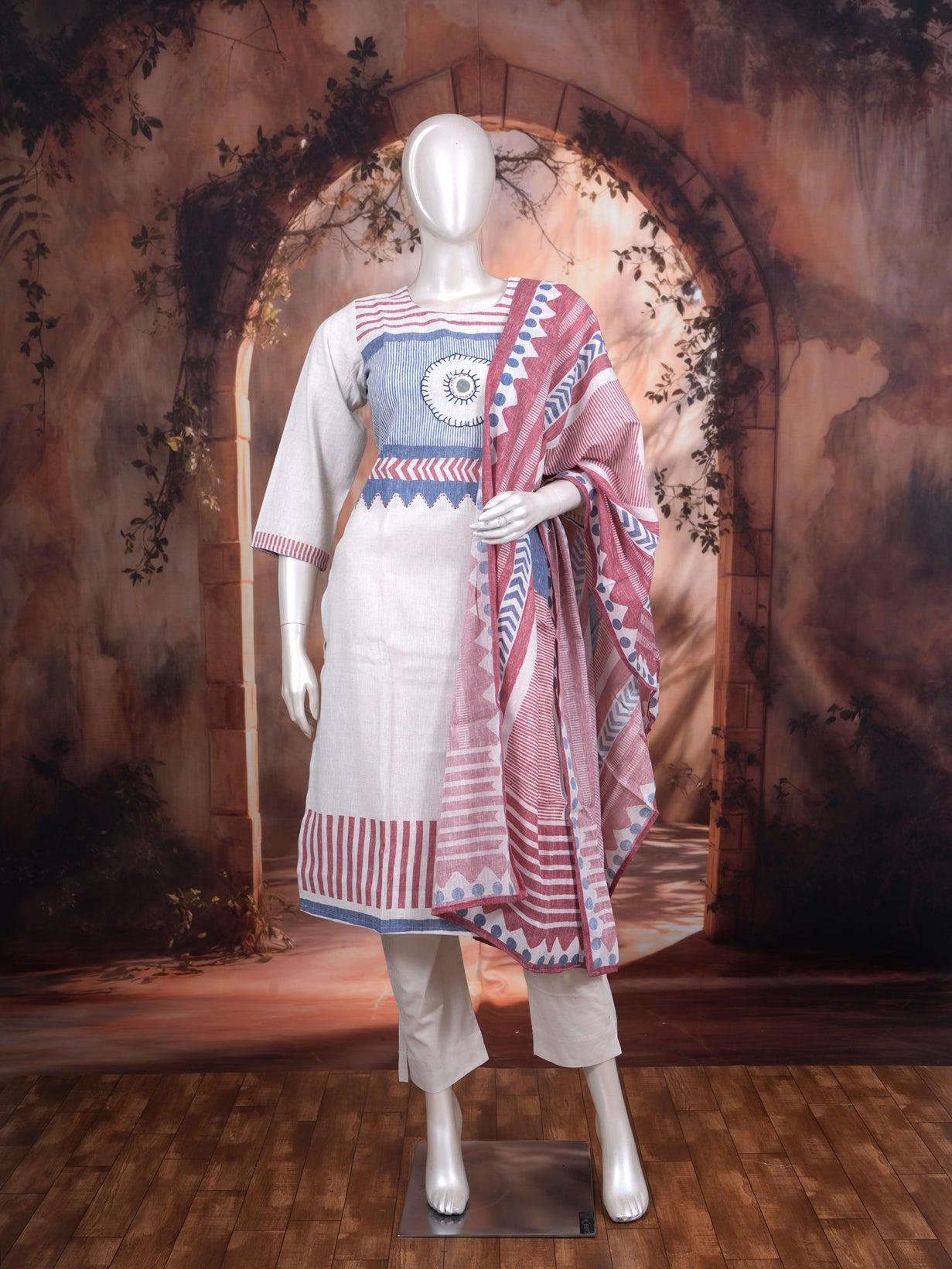 Off-White with Red and Blue Ready Made Kurti Set