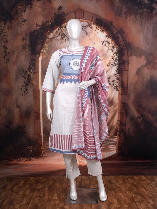 Off-White with Red and Blue Ready Made Kurti Set
