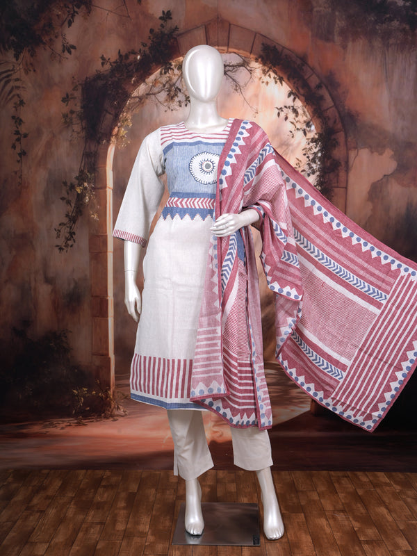 Off-White with Red and Blue Ready Made Kurti Set