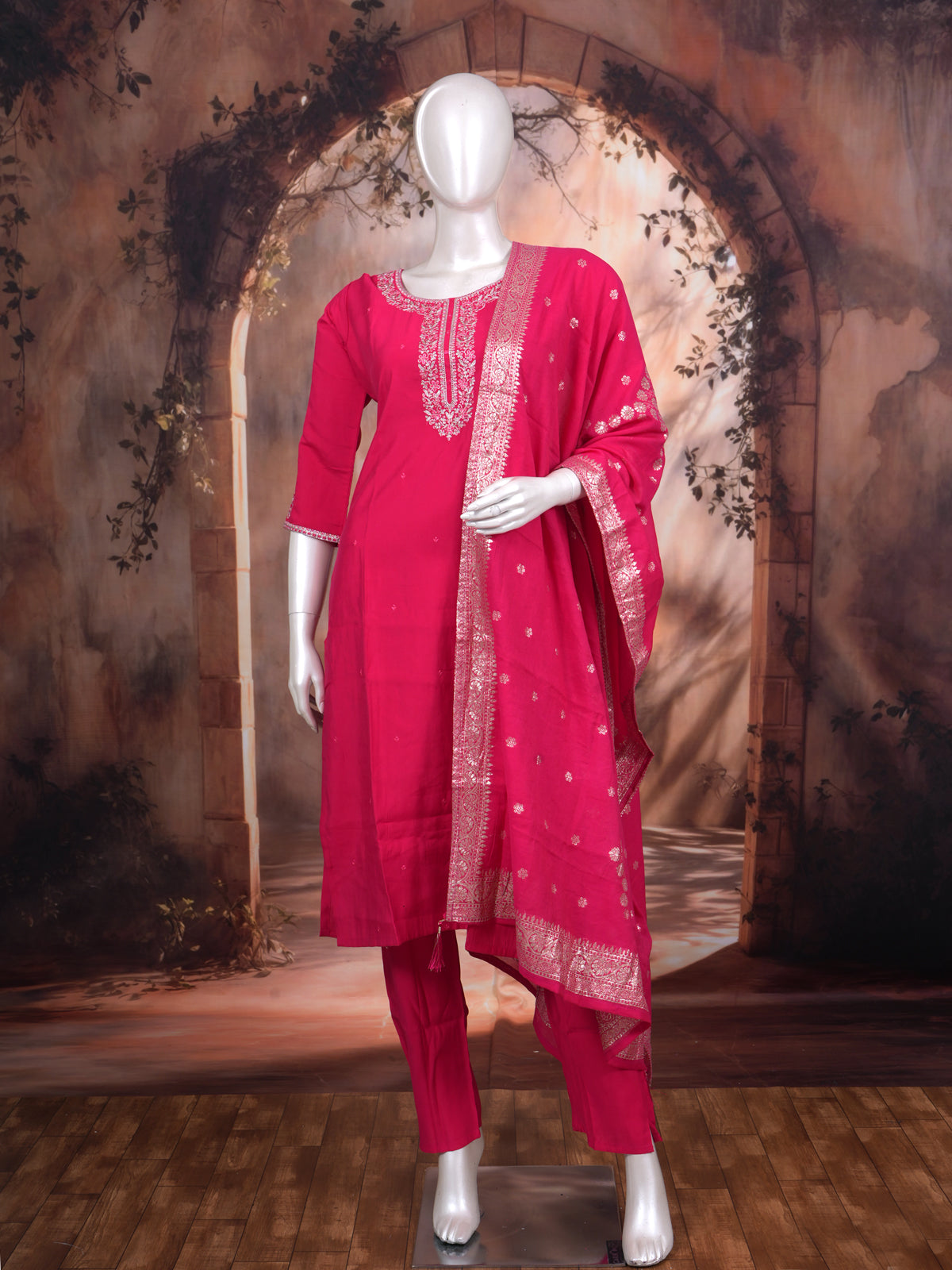 Rani Pink with Zari Ready Made Kurti Set