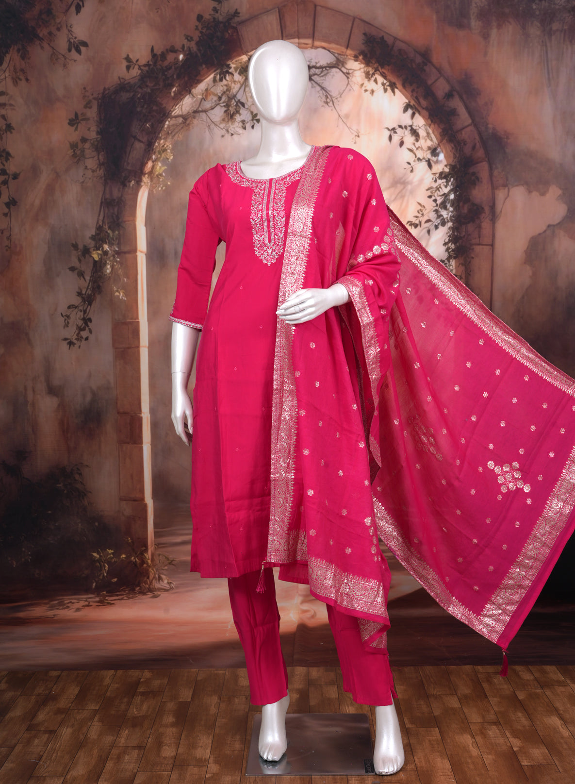 Rani Pink with Zari Ready Made Kurti Set