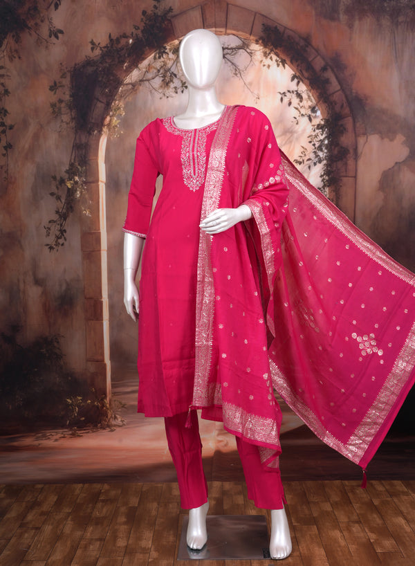 Rani Pink with Zari Ready Made Kurti Set