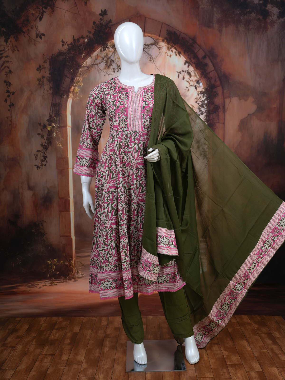 Olive Green with Pink Dupatta Ready Made Kurti Set