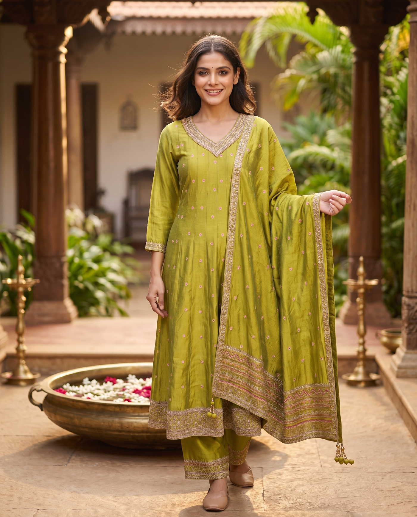 Olive Green with Zari  Dupatta Ready Made Kurti Set