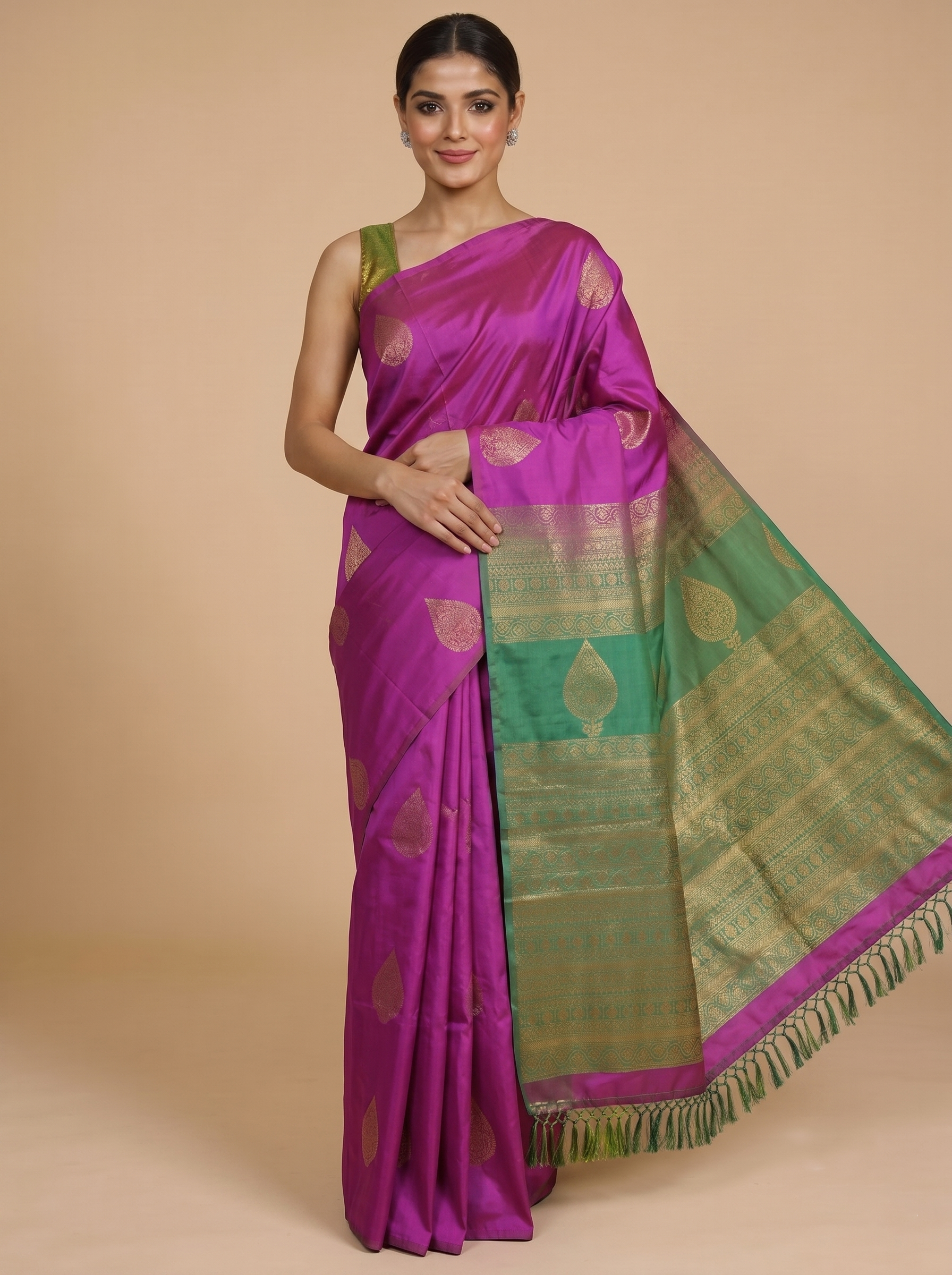 Magenta with Green - Semi Silk Saree