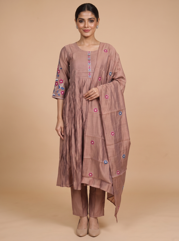 Taupe Brown with Matching Dupatta Ready Made Kurti Set