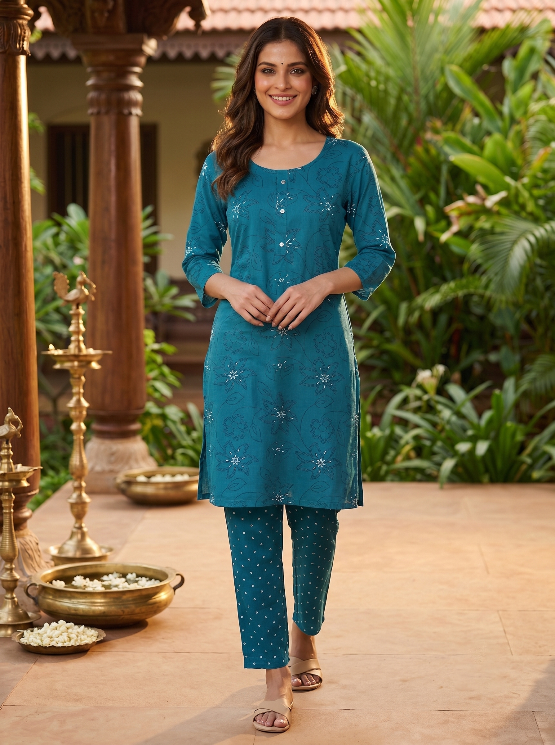 Teal Blue Floral Print Kurti Set
