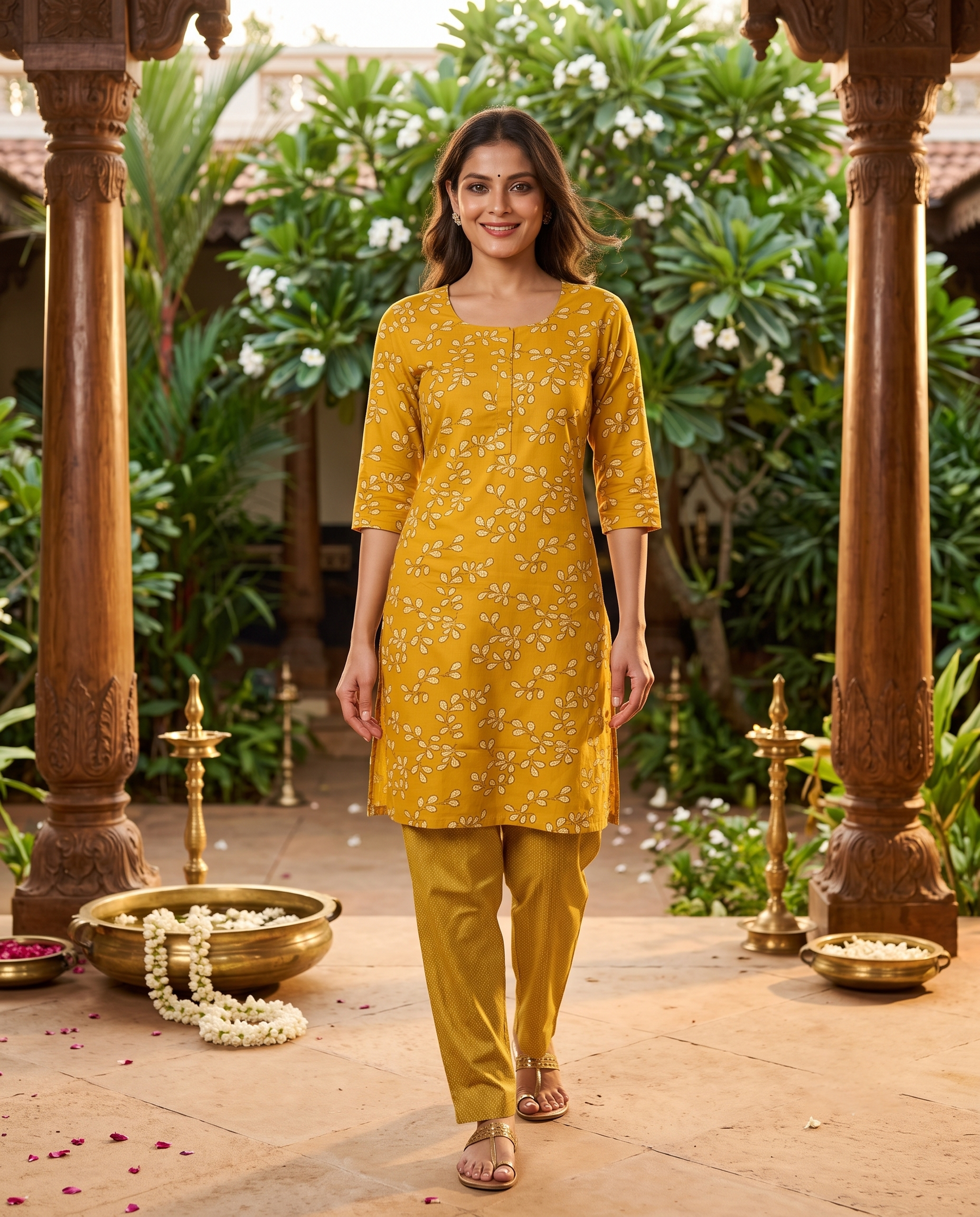 Elegant Mustard Yellow Floral Print Cotton Kurti Set