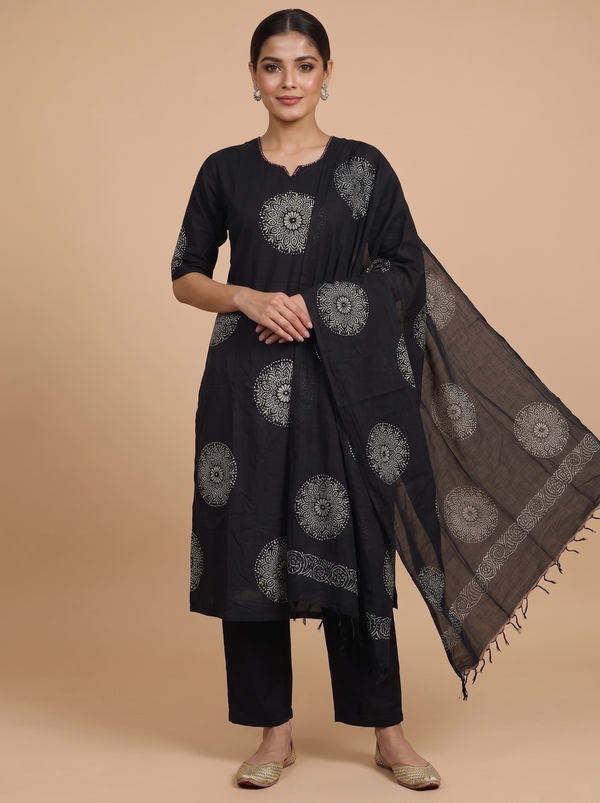 Black with White Ready Made Kurti Set
