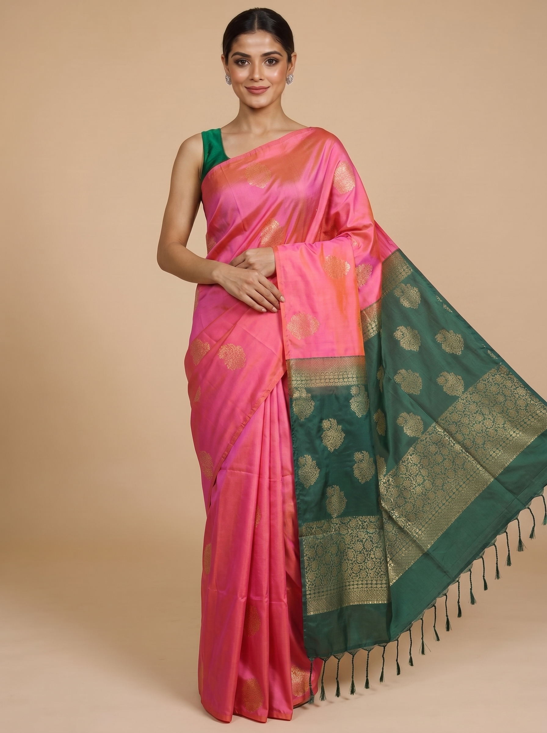 Pink with Dark Green - Semi Silk Saree