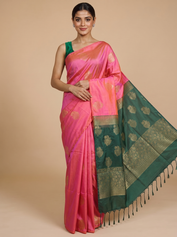 Pink with Dark Green - Semi Silk Saree