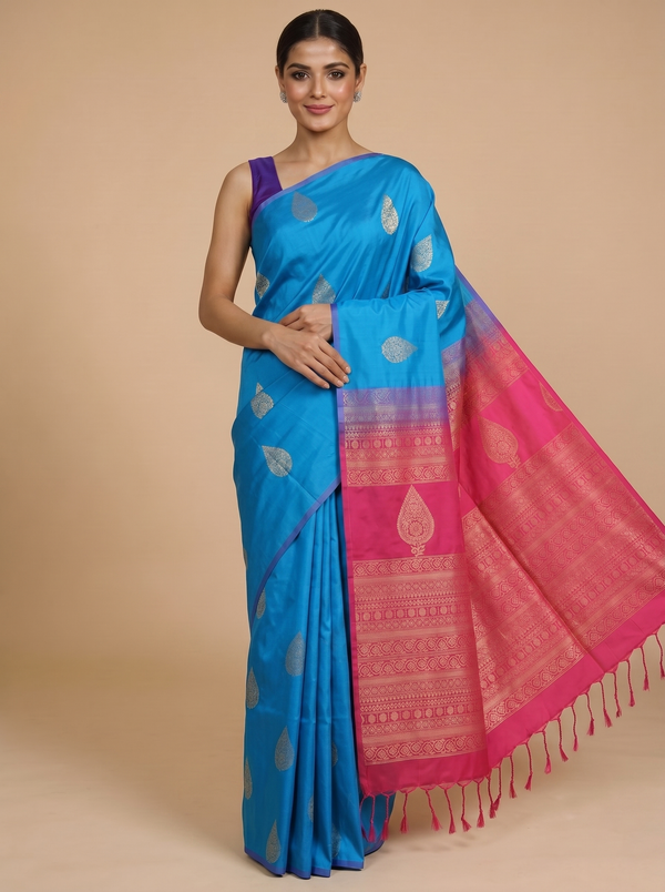 Blue with Pink - Semi Silk Saree