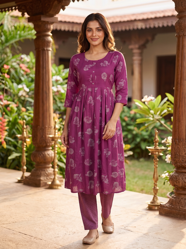 Magenta Printed Anarkali Set