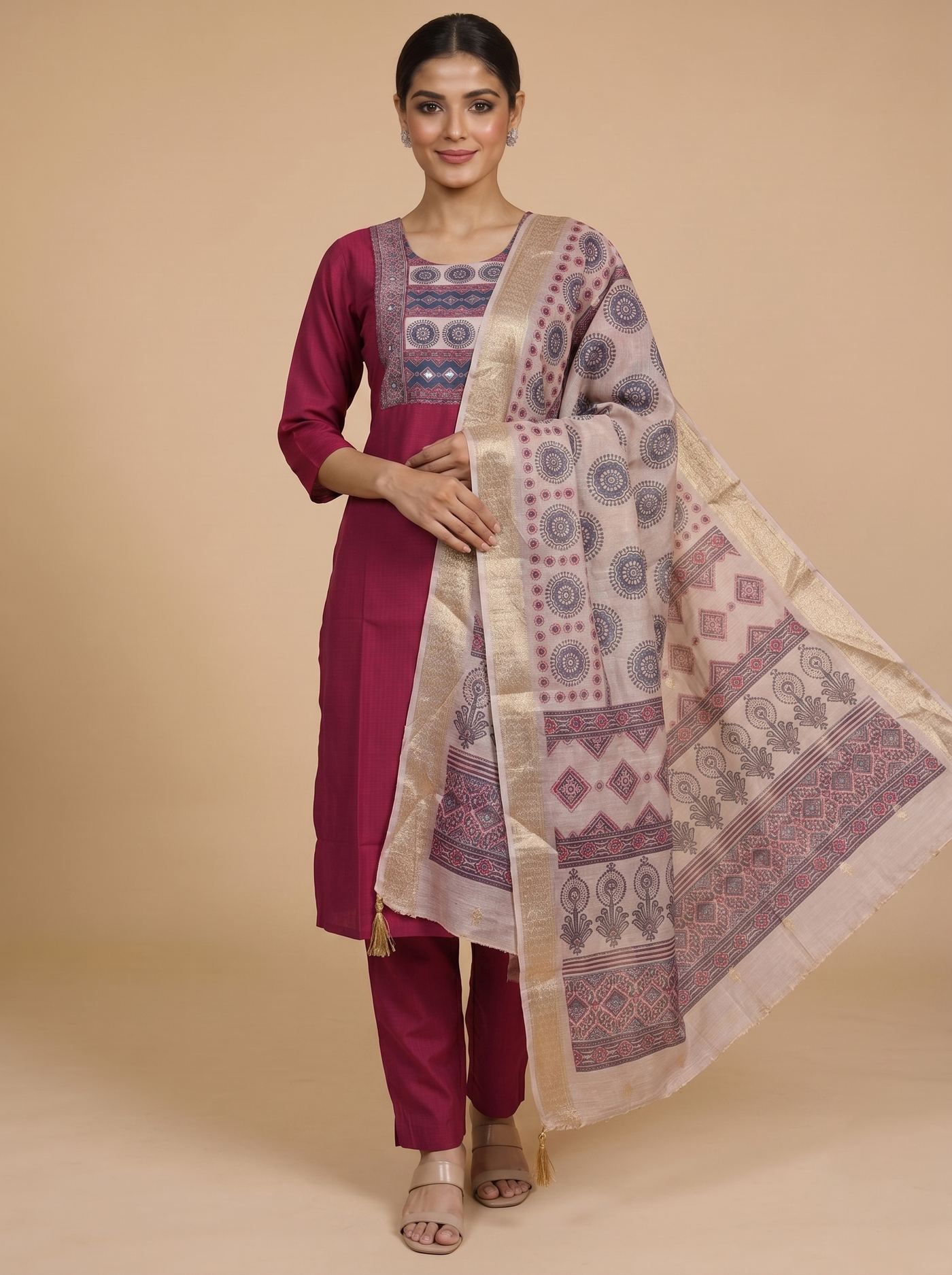 Magenta with Beige Ready Made Salwar Suit