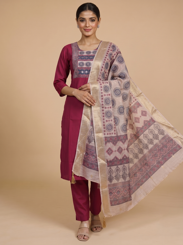 Magenta with Beige Ready Made Salwar Suit
