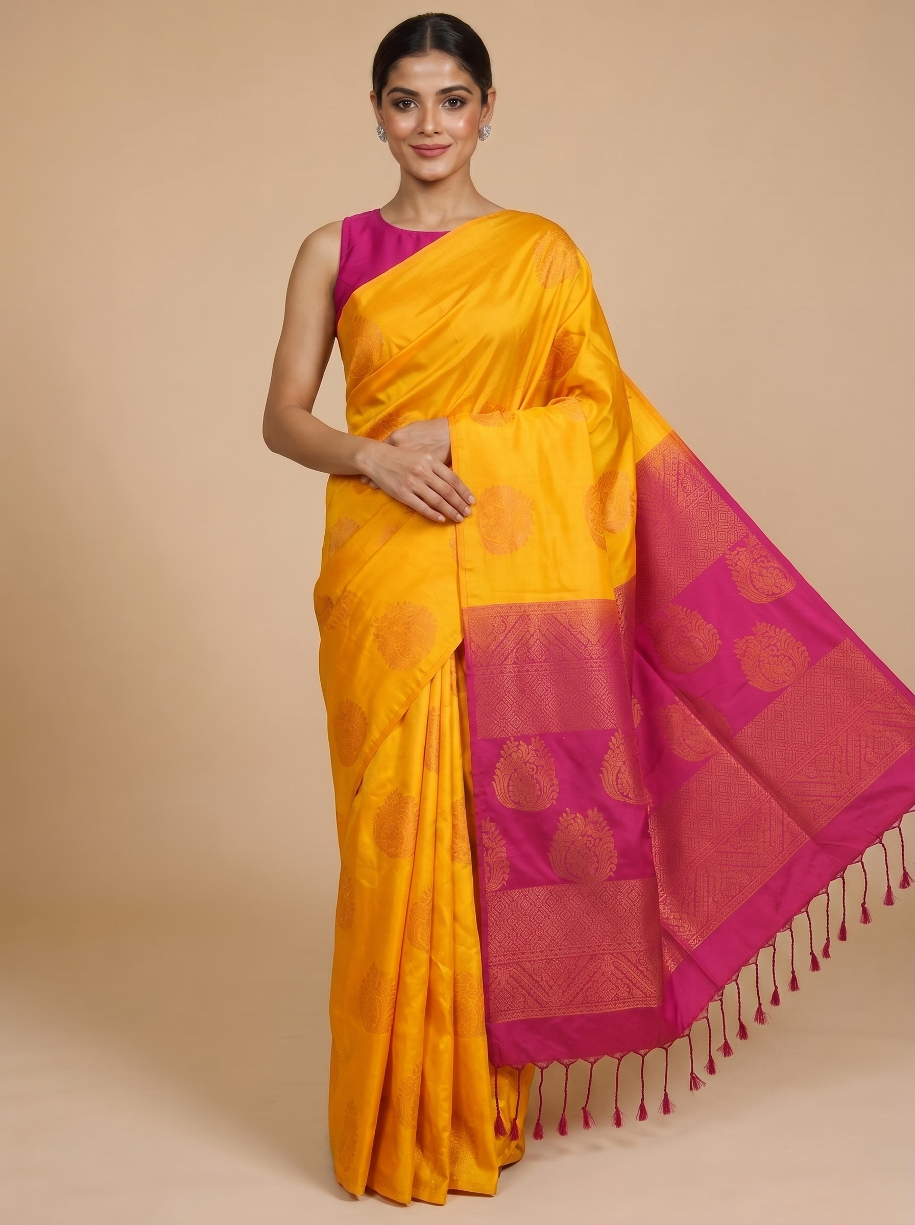 Mustard Yellow with Magenta Pink - Semi Silk Saree