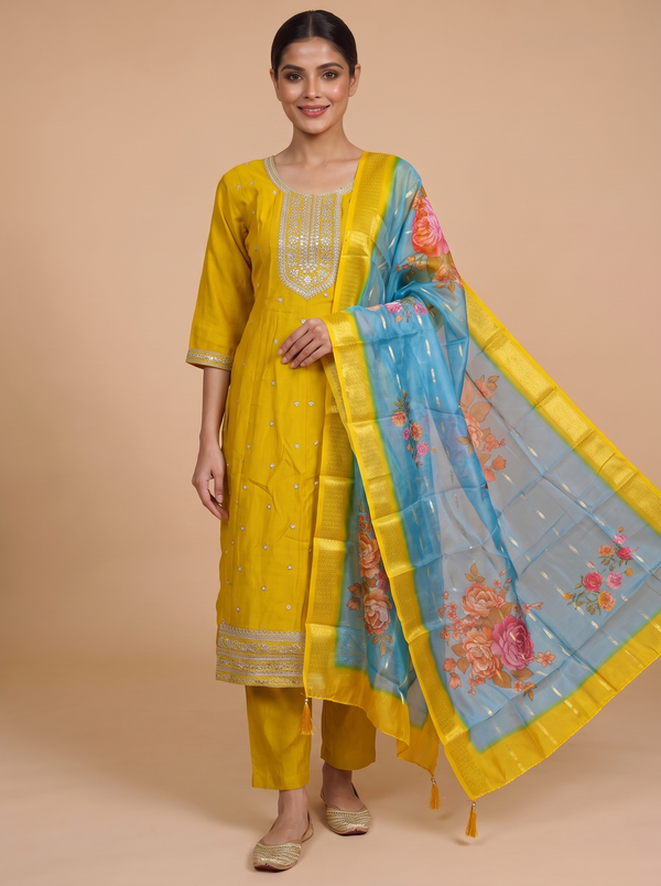 Mustard Yellow with Sky Blue Dupatta Anarkali Set