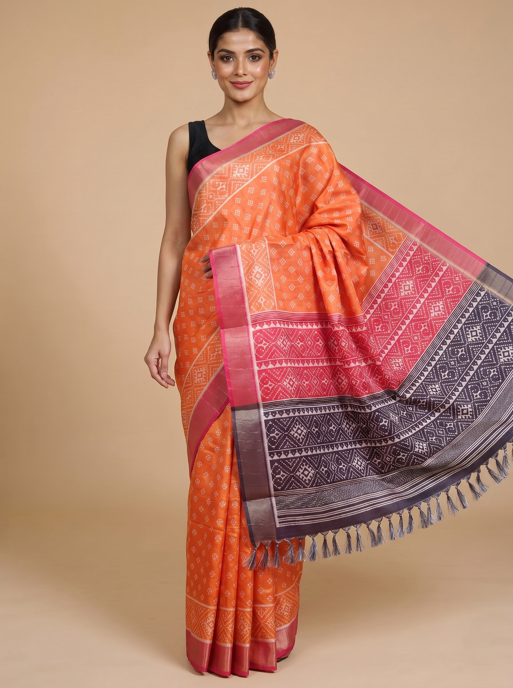 Orange Saree with Pink and Black Patola Munthi Dola Silk Saree