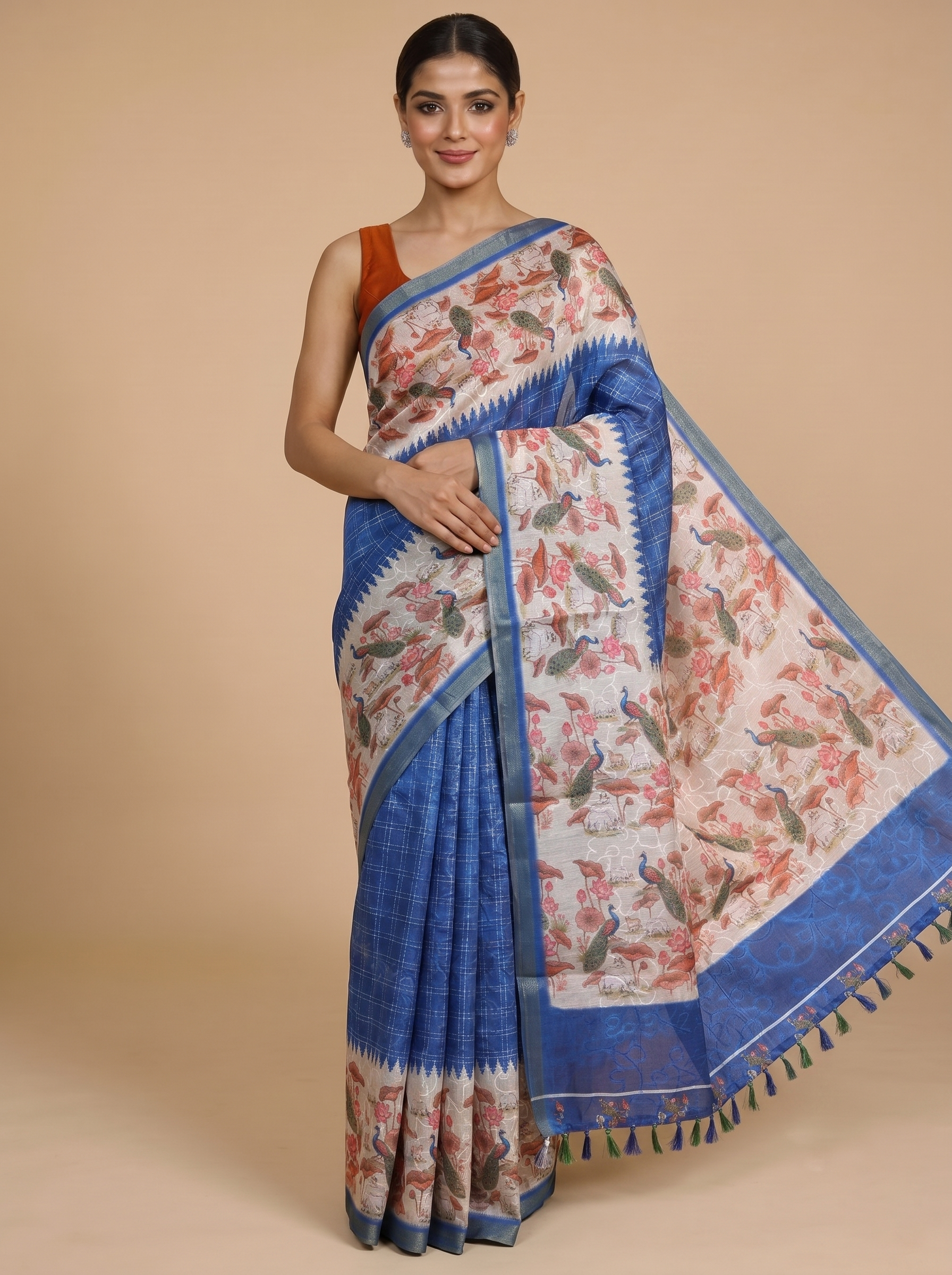 Royal Blue with Off-White Floral - Linen Cotton Saree