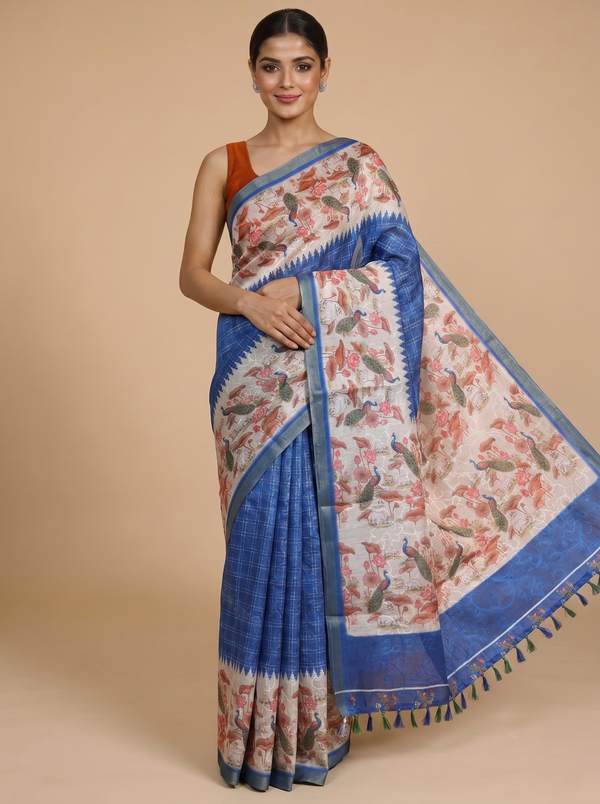 Royal Blue with Off-White Floral - Linen Cotton Saree