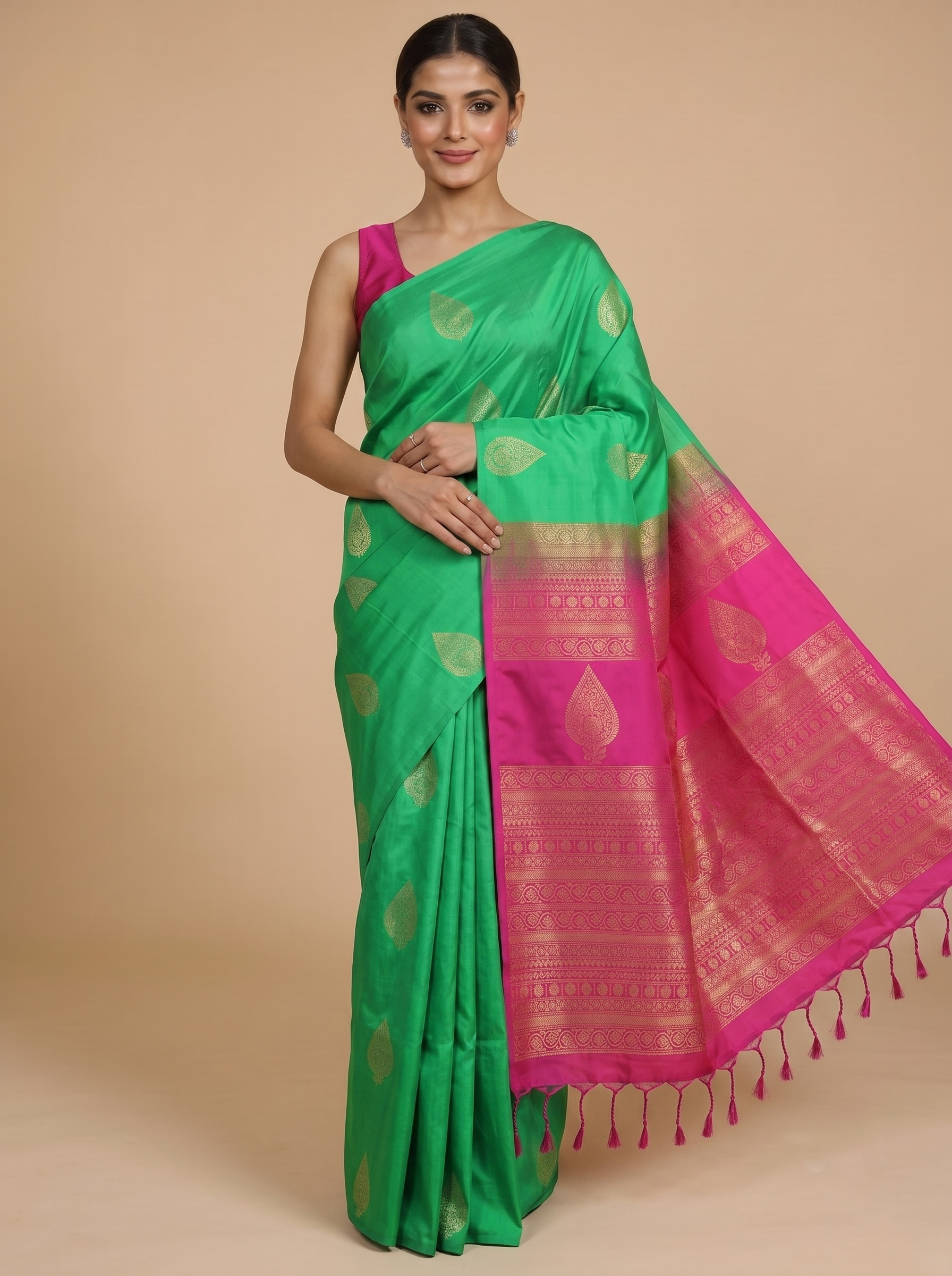 Green with Pink Semi Silk Saree
