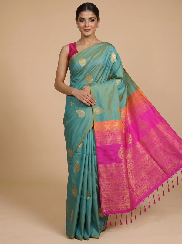 Sea Green with Rani Pink Semi Silk Saree