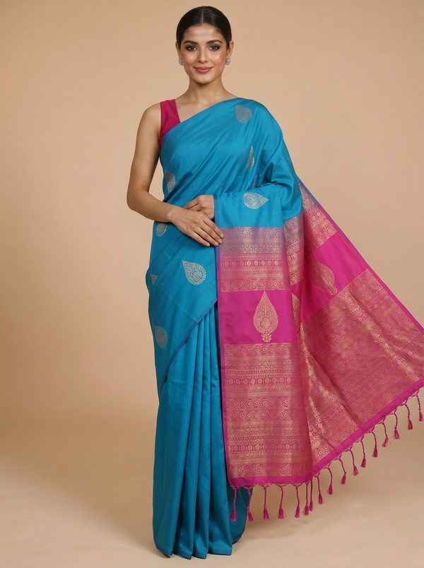 Sky Blue with Pink - Semi Silk Saree