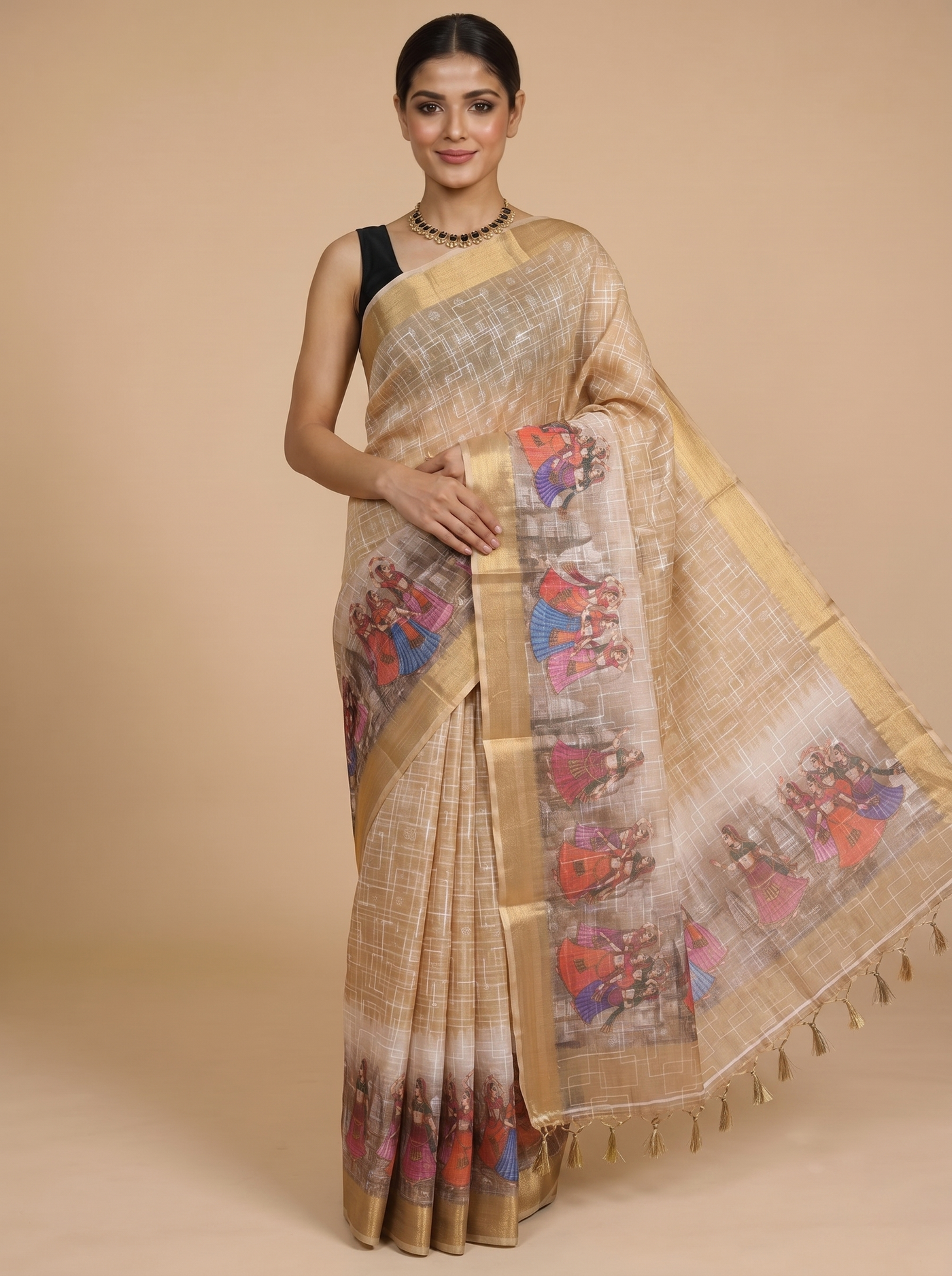 Beige with Multicolor Pallu - Linen Cotton Saree
