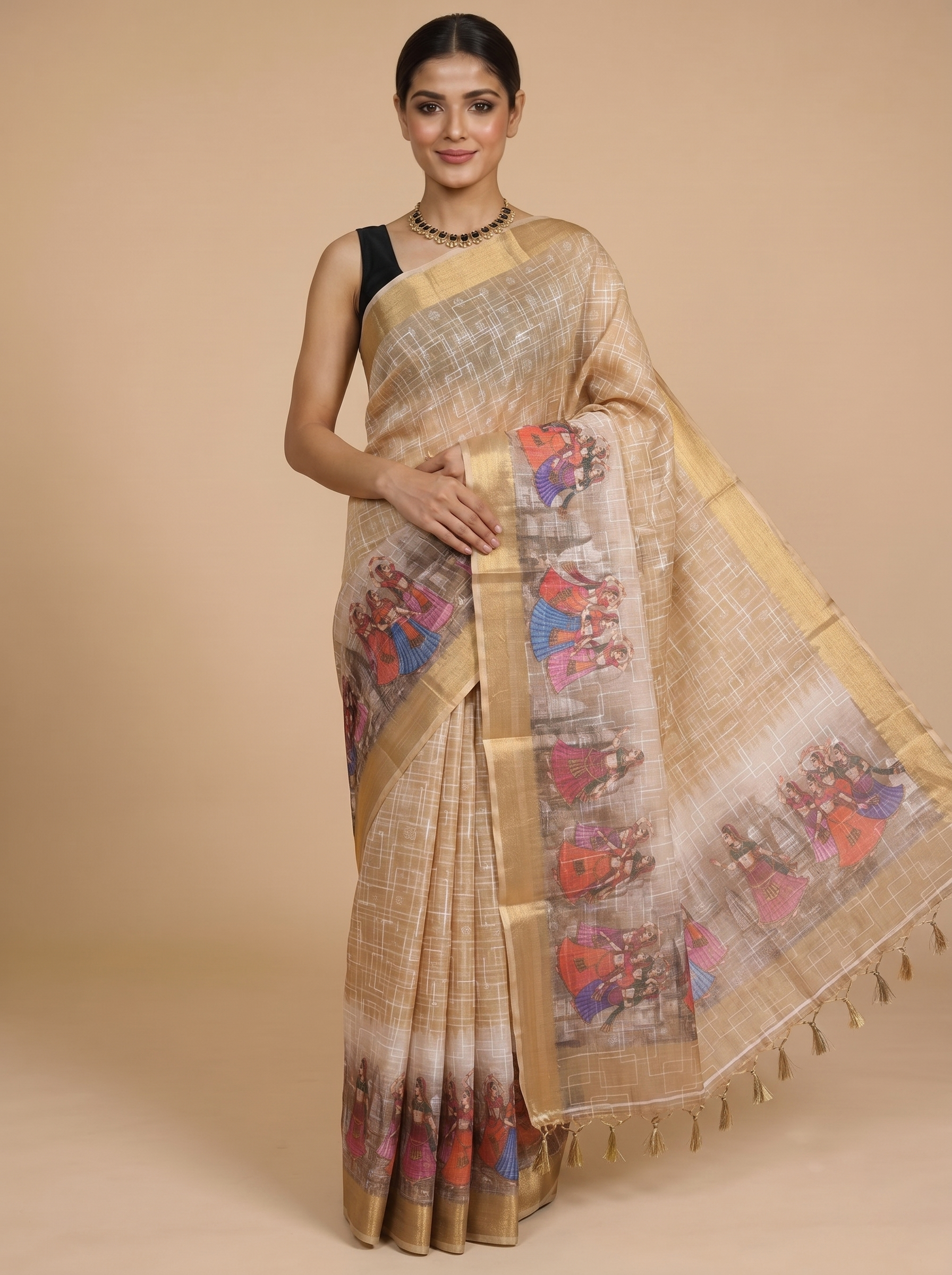 Beige with Multicolor Pallu - Linen Cotton Saree
