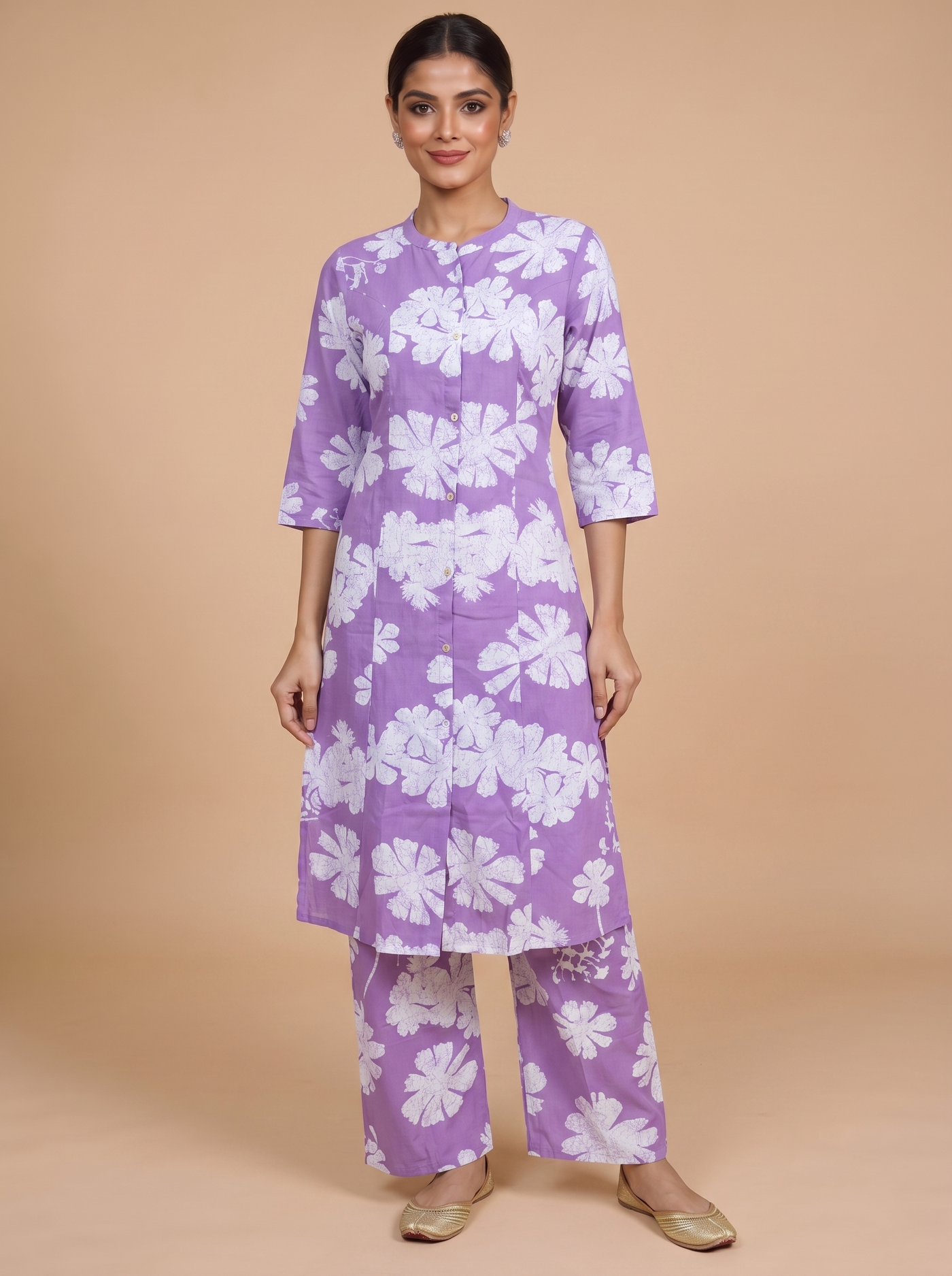 Lavender Floral Cotton Kurti Set