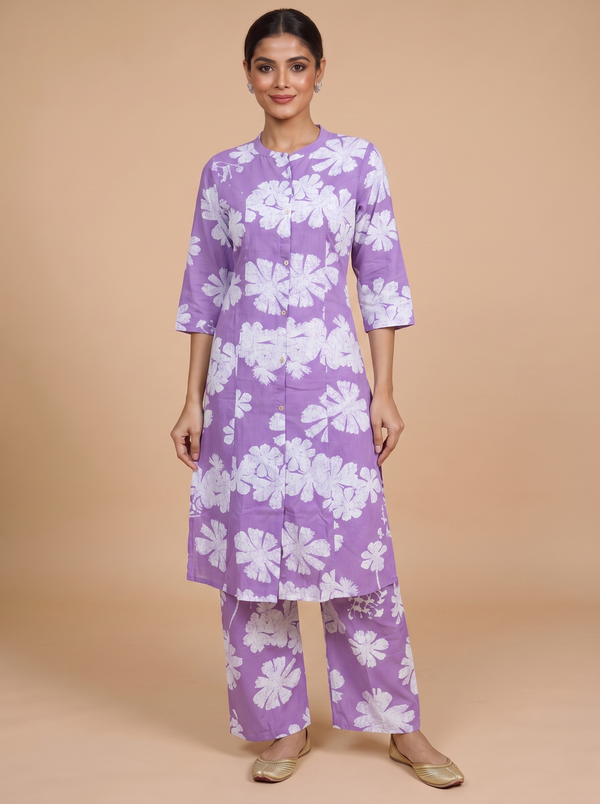 Lavender Floral Cotton Kurti Set