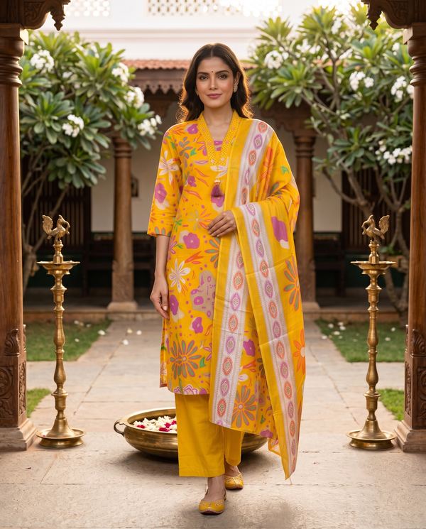 Bright Yellow with Yellow Printed Dupatta Anarkali Set