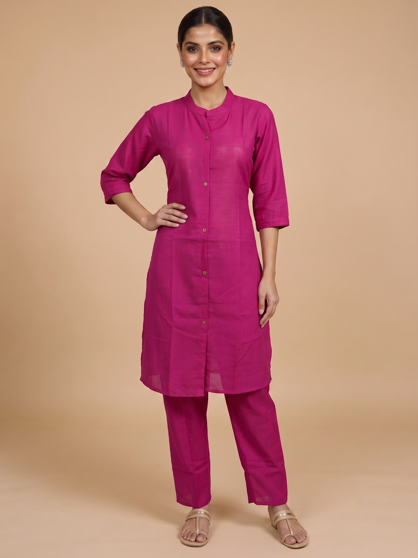 Magenta Pink Cotton Slub Kurti Set