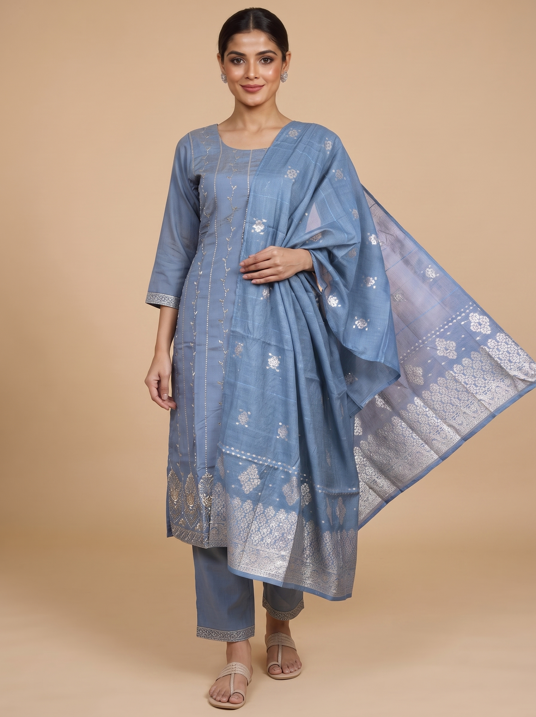 Steel Blue with zari Dupatta Ready Made Kurti Set