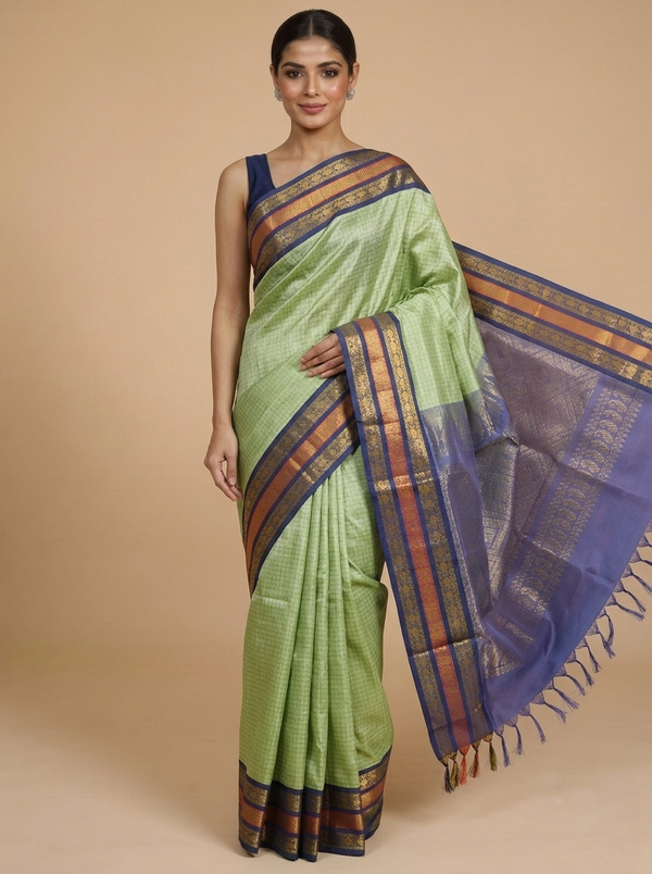 Elegant Pastel Green Pure Silk Cotton Saree with Indigo Blue Zari Border