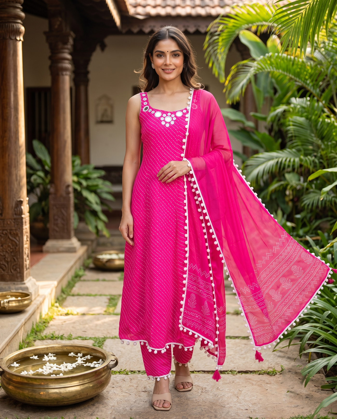Pink with white border Dupatta Ready Made Kurti Set