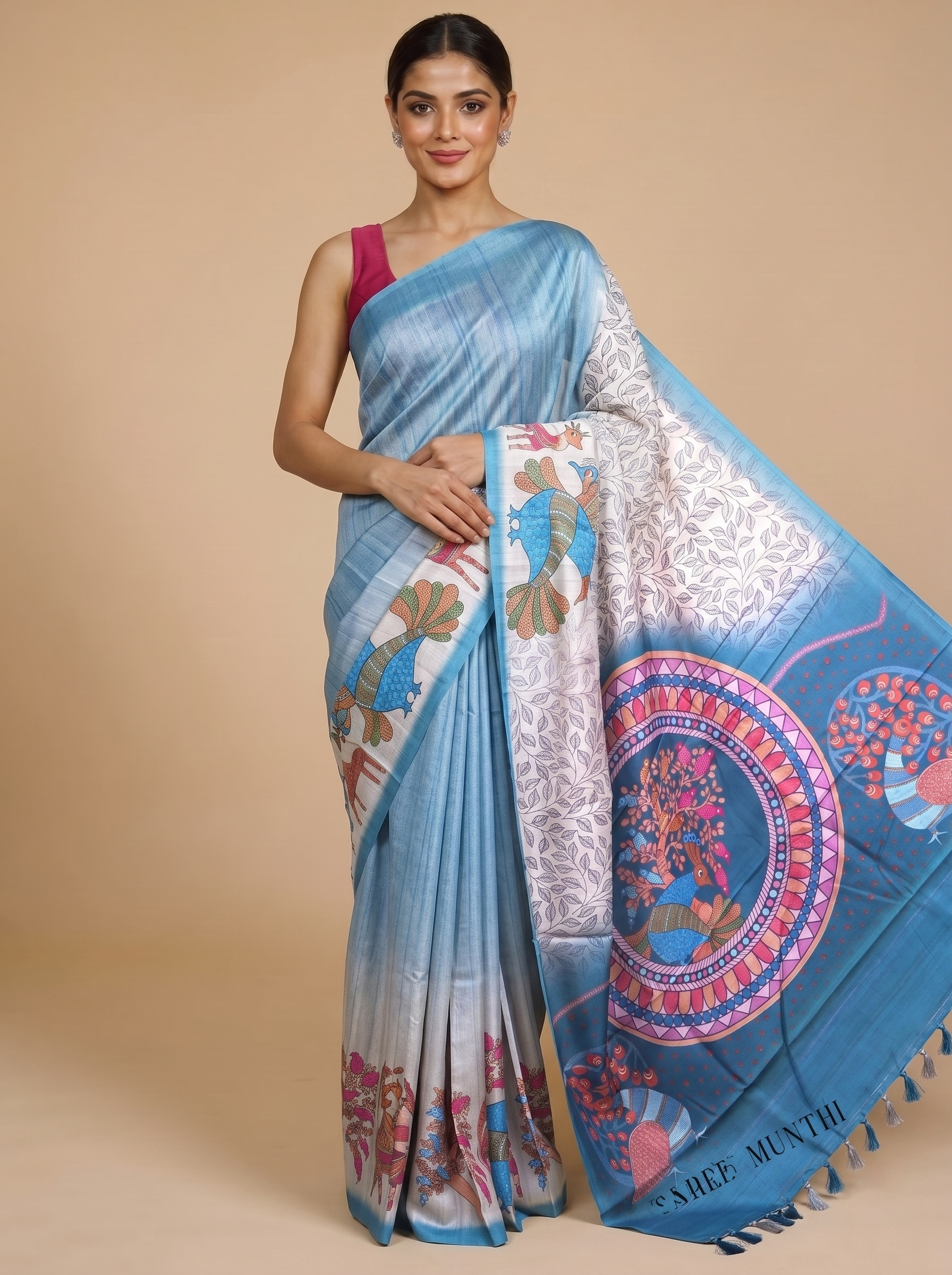 Sky Blue with Teal - Semi Tussar Saree