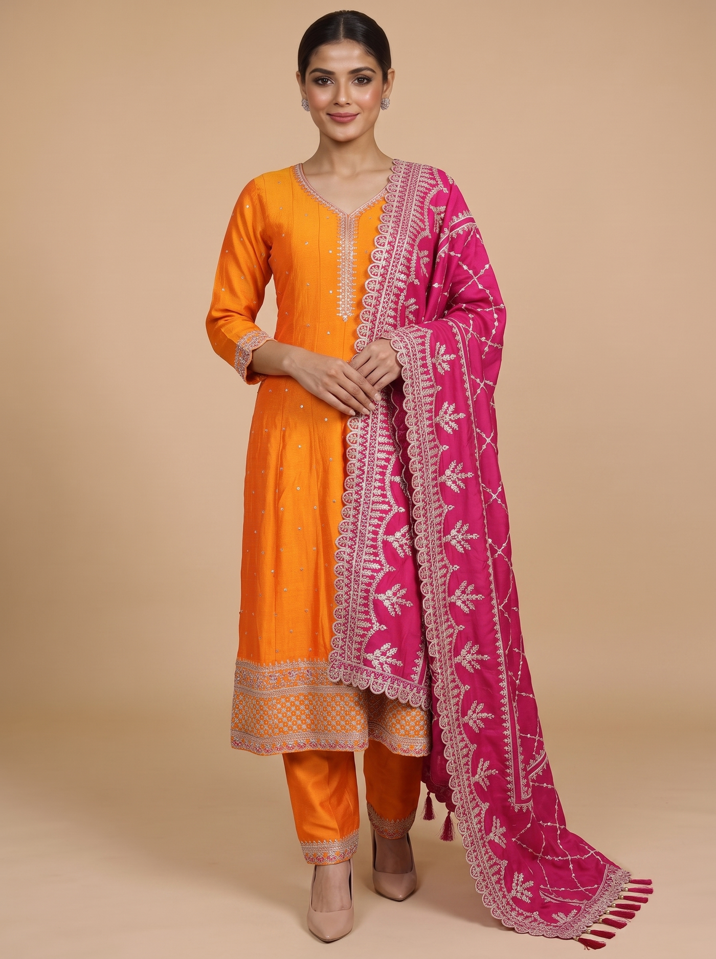 Mango Orange with Magenta Pink Dupatta Ready Made Kurti Set