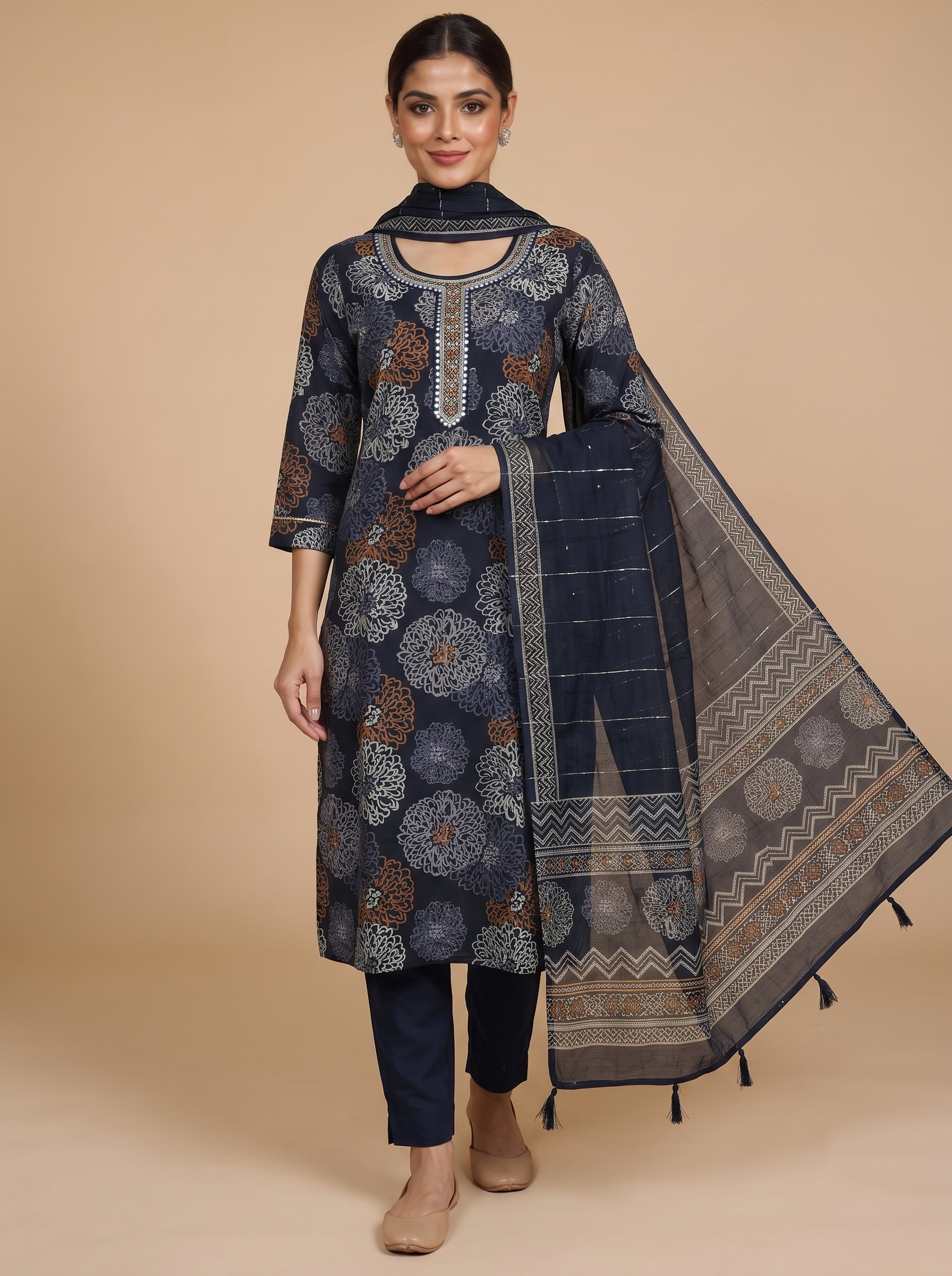 Navy Blue with Dark Navy Blue Dupatta Ready Made Kurti Set