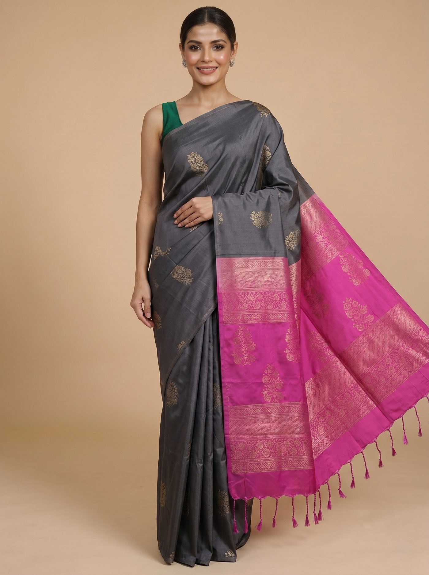 Grey with Pink Semi Silk Saree