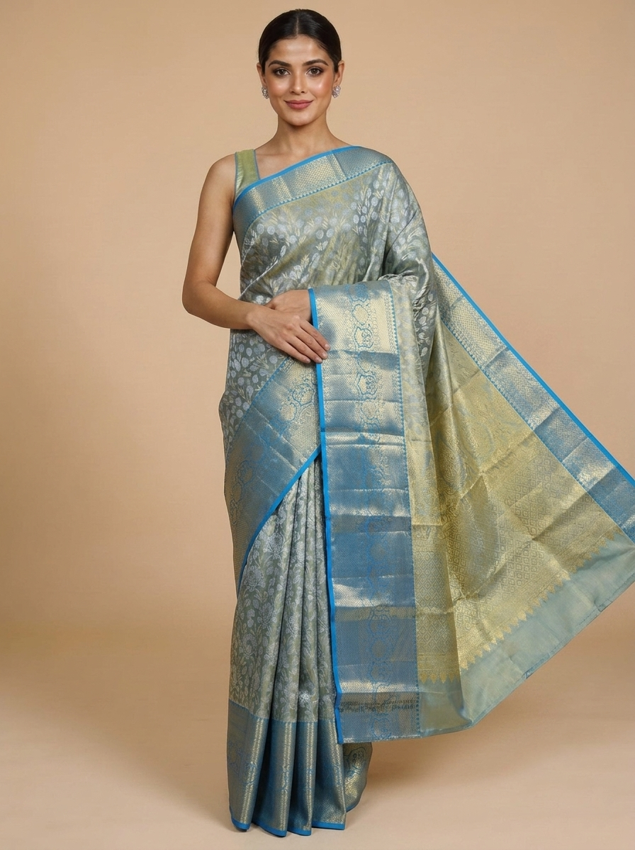 Luminous Olive Green and Electric Blue Kanjivaram Silk Saree