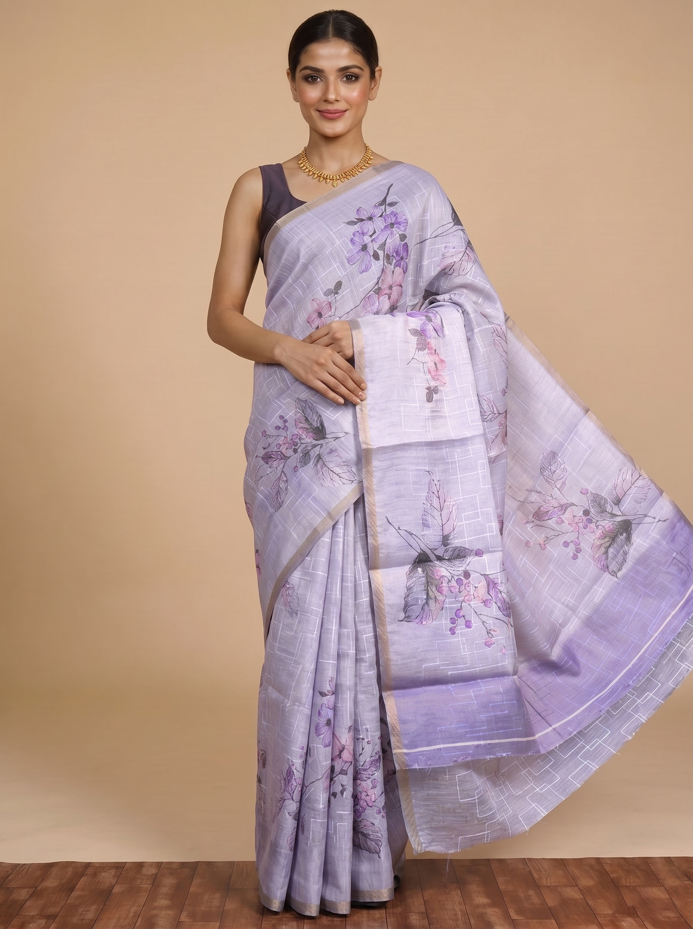 Lavender with Pastel Purple - Linen Cotton Saree