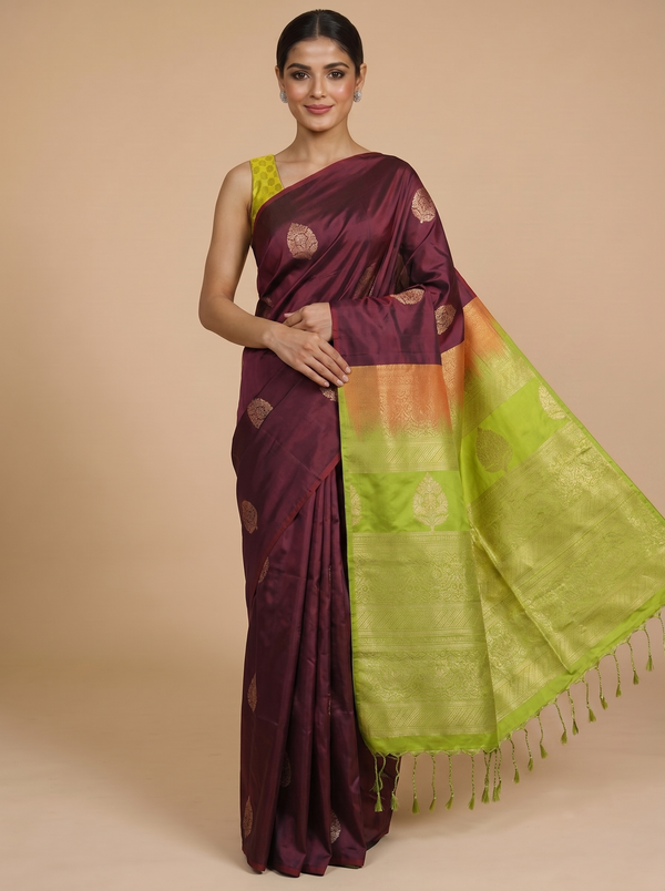 Maroon with Lime Green - Semi Silk Saree