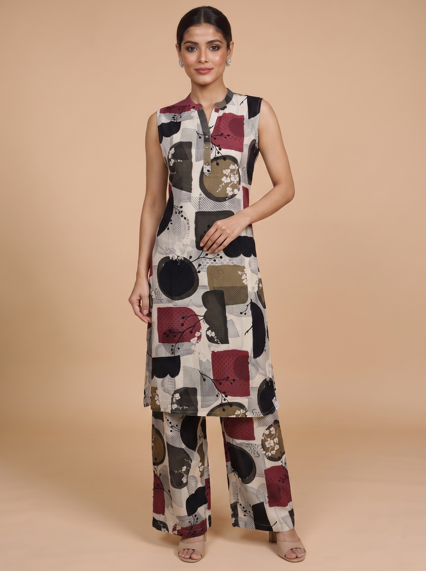 Cream Multicolor Abstract Print Co-ord Set