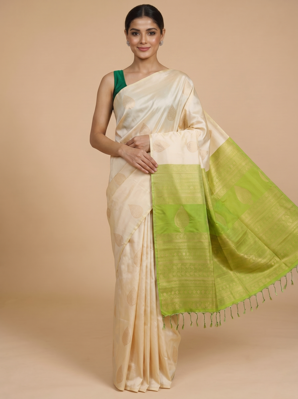 Cream with Lime Green - Kanchipuram Semi Silk Saree