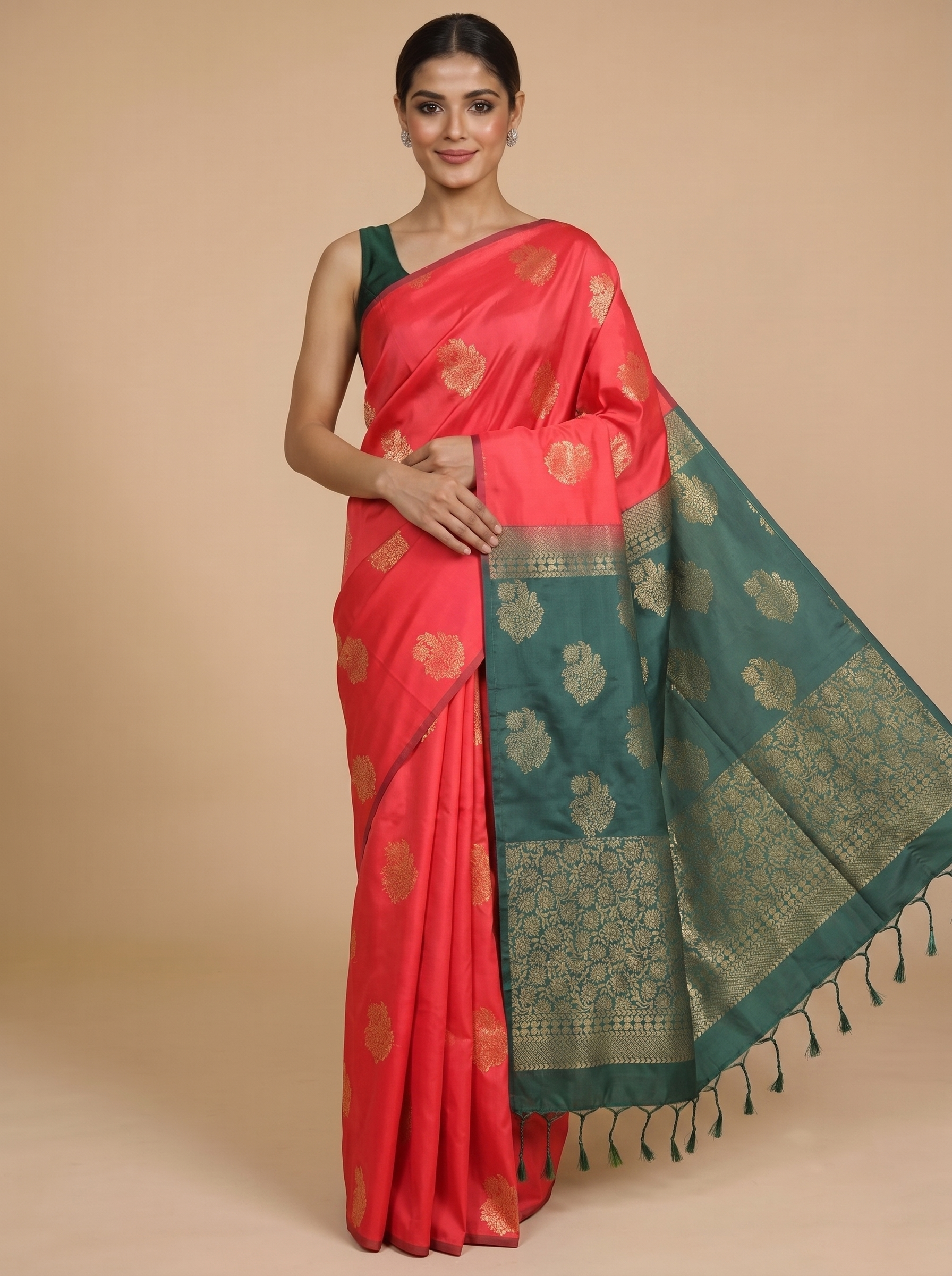 Pink with Bottle Green Semi Silk Saree