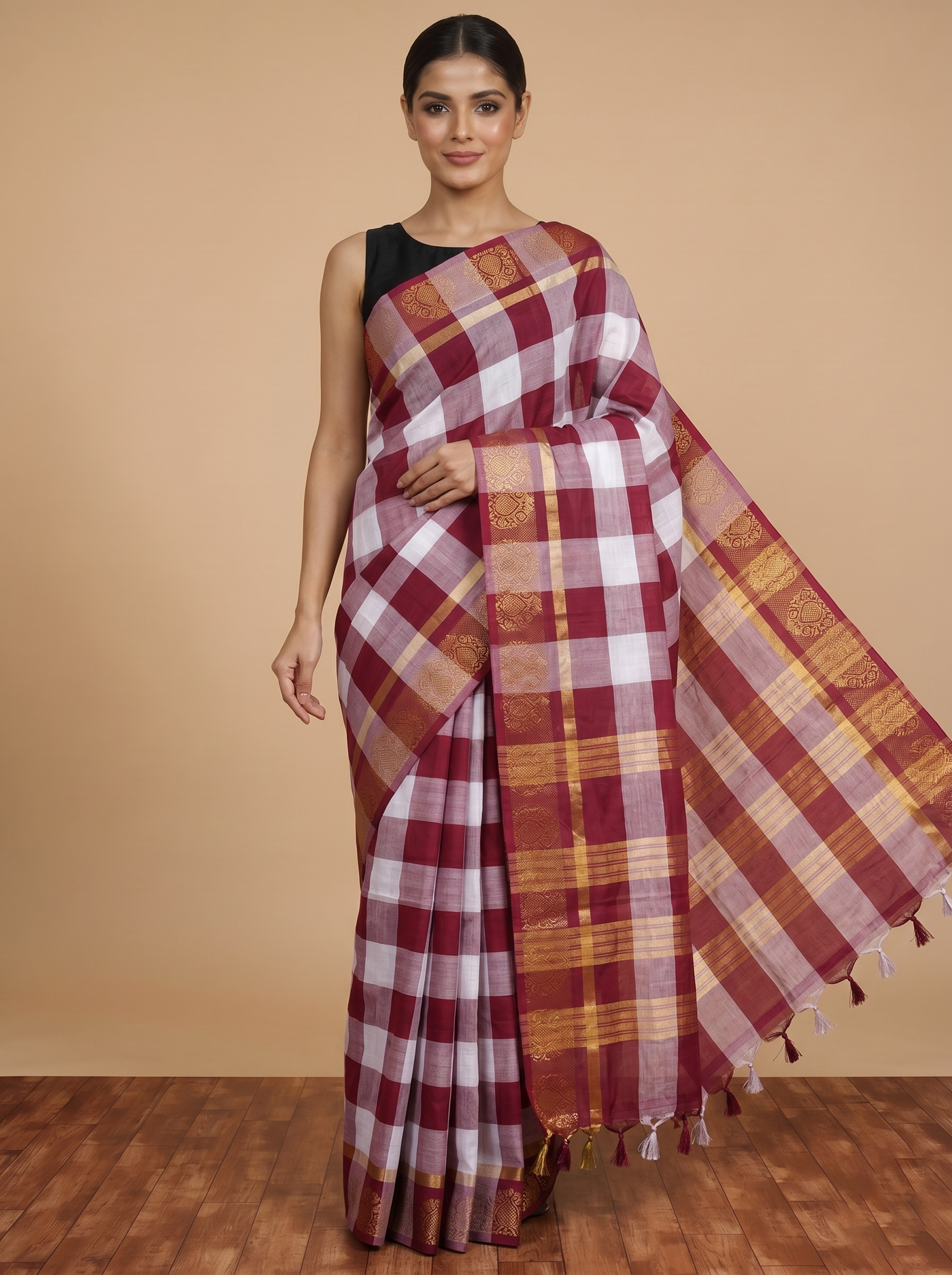 Maroon and White Maroon Munthi Chettinad Cotton Saree