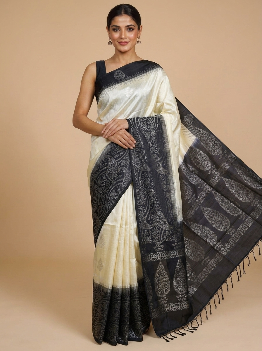 Elegant Off-White & Charcoal Black Kora Kanchipuram Silk Saree